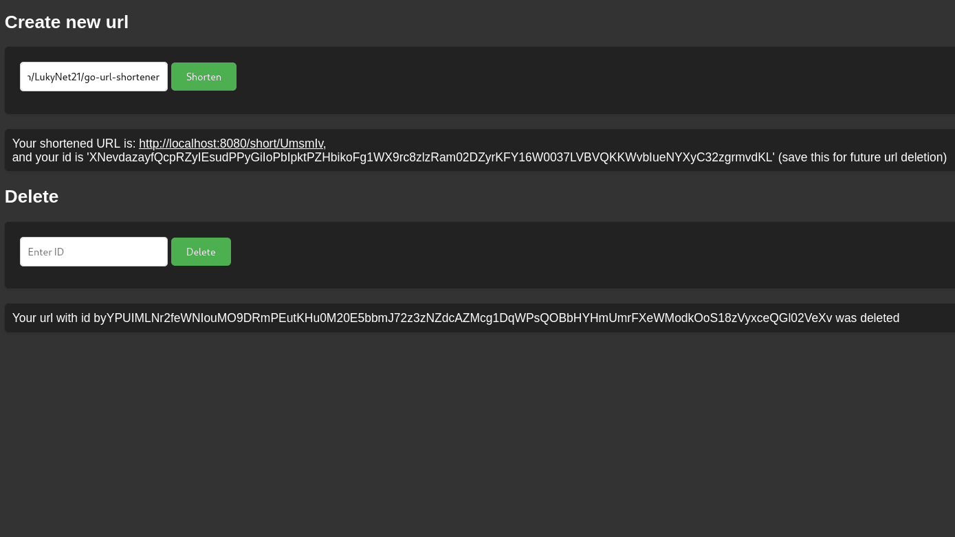 Screenshot of the Go URL Shortener UI